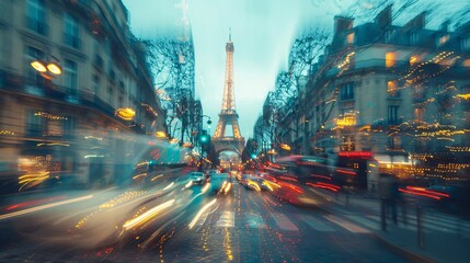 Blurred portrayal of Paris city streets with motion blur effect on bustling cityscape
