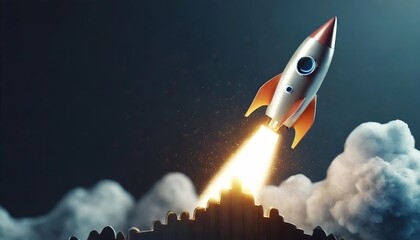 : Rocket launch, growth business web banner. reactive rapid growth of economic indicator. Success is Startup. economy and financial growth - obrazy, fototapety, plakaty