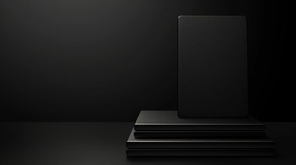   Three black pedestals stand on a black floor, facing a black wall in a dimly lit room - obrazy, fototapety, plakaty