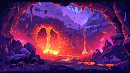 Hell with lava in rock cave. Fantasy landscape of inferno with fiery molten magma flowing in stone mountain tunnel, modern cartoon.