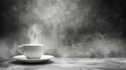 Obraz na płótnie Canvas A steaming cup of coffee on a saucer against a dark backdrop