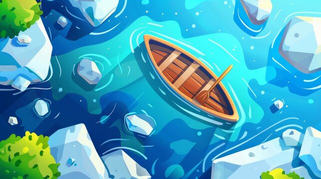 Watercolor illustration depicting boat in blue sea water. Wooden dinghy with paddle floating in river nautical background. Fantasy adventure topview banner with lake.