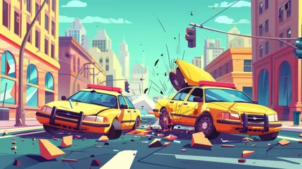 Foto auf Glas This cartoon illustration illustrates a car accident on a city road. The driver is hit by a car with a damaged hood. A vehicle is in danger of colliding with another vehicle, while a police auto is © Mark