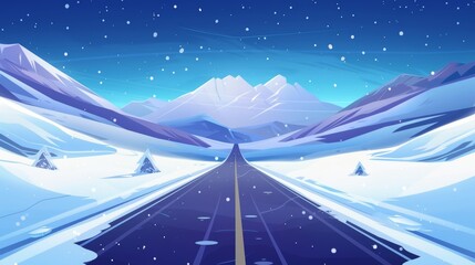 This is a cartoon snowy road and mountain landscape scene modern background. A blizzard is flying across the ridge as a game adventure wallpaper. The scenery is a winter scene in the northern