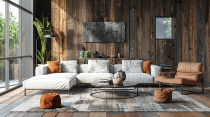 Modern interior of open space with design modular Neutral living room.sofa, furniture, wooden coffee tables, plaid, pillows, tropical plants and elegant personal accessories in stylish home decor.