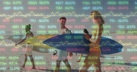 Image of financial data processing over friends with surfboards on beach