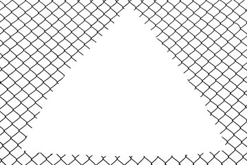 Opening in metallic fence. Challenge. uncertainty. breakthrough. metaphor. Chain-link wire netting wire-mesh cyclone hurricane fence. illustration isolated on white background. triangle hole sign