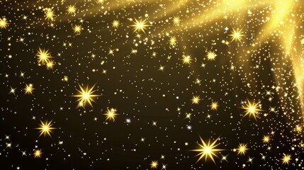 There is a golden star rain fall on transparent modern background. Abstract comet or meteorite rain in the sky with sparkles and dust. Galaxy glitter glow falling with trail effect frame. White