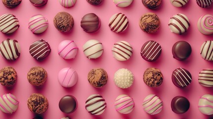   A tight shot of various chocolates against a pink backdrop, adorned with white and pink vertical stripes at the edge