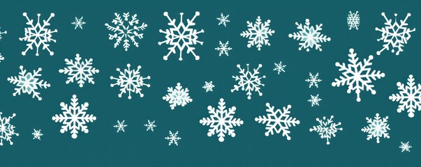 White snowflakes on a teal background, a flat vector illustration in the simple minimalist style of a cute cartoon design with simple shapes