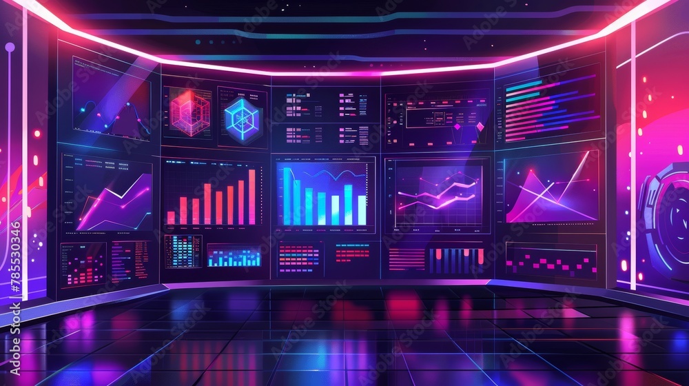 Poster this is a modern illustration of a computer server room set with an analytical dashboard for digital