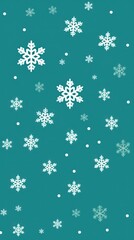 White snowflakes on a teal background, a flat vector illustration in the simple minimalist style of a cute cartoon design with simple shapes