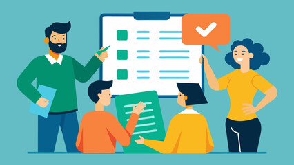 Presentation meeting, education, learning. The business team listens to the teacher. Checklist.  Business illustration.