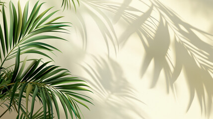 Sunlight casting shadows of palm leaves on a white wall. Copy space. Generative AI