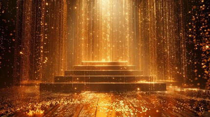 Elegant winner's platform with cascading golden particles, triumphant event setting