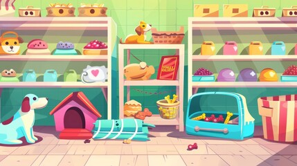 Cartoon illustration of a pet shop interior. Food, goods, and accessories on a shelf for domestic animals indoor background. A doghouse stand with treats for sale.