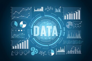 Obraz premium Digital business image with graphs and diagrams over blue background, representing data analysis and analytics