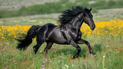 Fototapeta na wymiar Black stallion galloping in yellow flower field