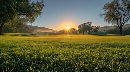 Morning light on a golf course with ball and iron positioned for play