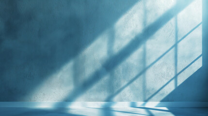 sunlight casts diagonal shadows from stair railings on textured blue wall copy space. Generative AI