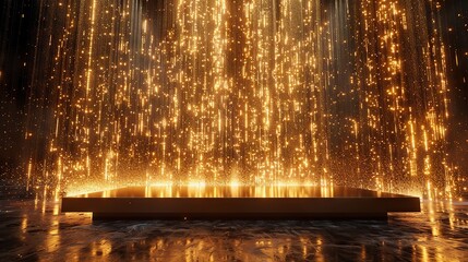 Elegant winner's platform with cascading golden particles, triumphant event setting