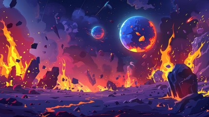 In this space background there are burning alien planets and hot stones flying in the night sky. It is based on a modern cartoon illustration of damaged cosmic bodies on fire, as well as rocky - obrazy, fototapety, plakaty