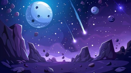 Planet, stars, and comet in outer space, modern cartoon illustration of alien planet and moon.