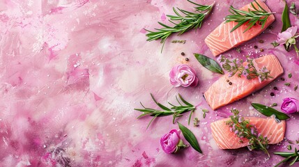   Three salmon pieces garnished with herbs and flowers on a pink marble countertop A pink rose and green sprig accentuating the presentation