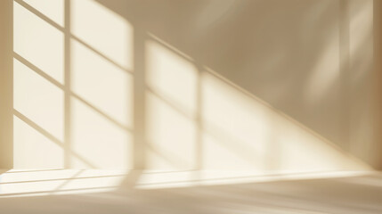 a calm sunlit room with soft shadows cast by the windows on a warm beige wall. Copy space. Generative AI
