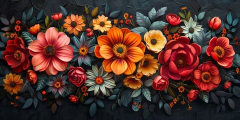 Flowers painting on black background - obrazy, fototapety, plakaty