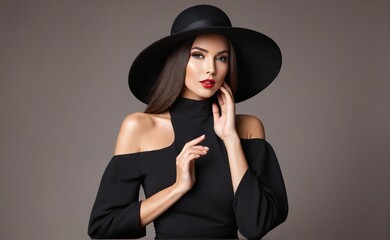 Fashion Model in Sexy Black Dress, Elegant Woman with Hat covered on a gey background
