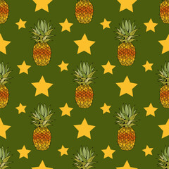 Seamless pattern with pineapple and yellow stars on dark green background. Vector image.