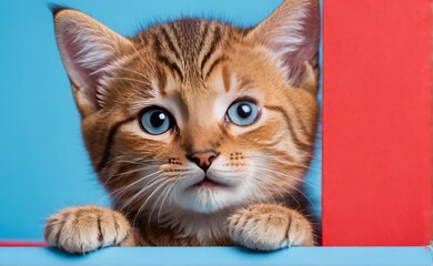Cute Kitten head with paws up peeking over blue background