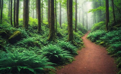 Obraz premium Hiking trail through dense forest