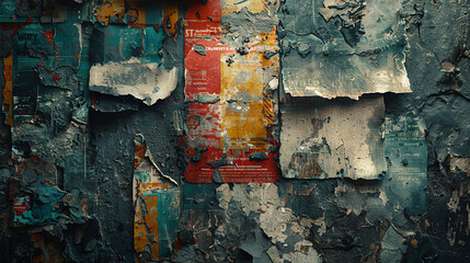 Retro poster fragments overlapping in cool tones on a rugged surface