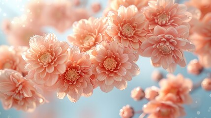   A cluster of pink blooms against a blue-and-white background with a blue sky behind
