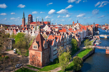 Aerial landscape of the Main Town of Gdansk by the Motlawa river, Poland. - obrazy, fototapety, plakaty