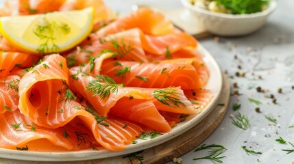 Obraz na płótnie Canvas A cutting board holds a smoked salmon plate, garnished with a lemon wedge and fresh dill A separate bowl sits next to it, filled with additional dill for serving