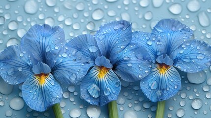   Three blue flowers with water drops on a blue surface; petals and stems bearing water drops - obrazy, fototapety, plakaty