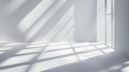 sunlit modern white room with large windows and casting soft shadows on the floor. Copy space. Generative AI