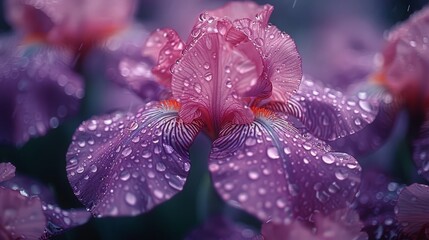   A tight shot of a purple bloom, adorned with water droplets and a scarlet mark at its heart - obrazy, fototapety, plakaty