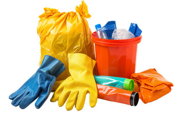 Cleaning Supplies with Rubber Gloves and Plastic Waste Bin Isolated