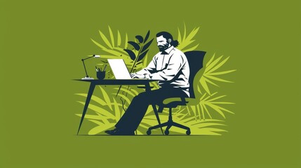   Man at desk with green backdrop, laptop open amidst palm leaves