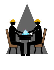 Two men sitting at a table with a bottle of water in front of them