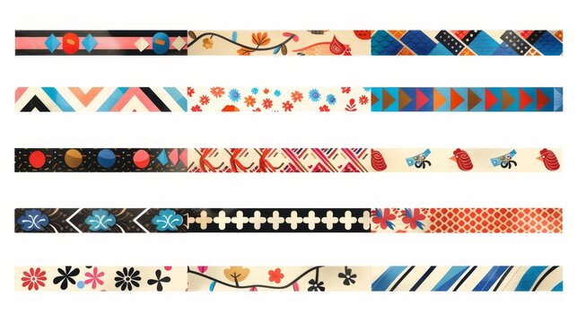 Washi tape designs isolated on white background. Modern illustration of Japanese sticky stripes decorated with abstract, flower, bird, coffee, pizza, sweets ornaments. Paper ribbon set.