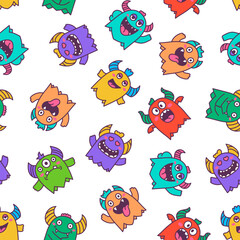 Cute kawaii monster. Seamless pattern. Cartoon scary funny Halloween character. Hand drawn style. Vector drawing. Design ornaments.