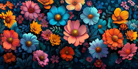 Colorful flowers on blue background - obrazy, fototapety, plakaty