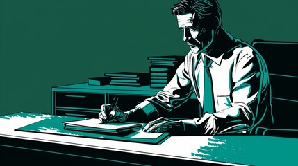   A man at a desk, pen in hand, book on lap - obrazy, fototapety, plakaty