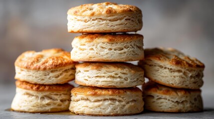   A stack of biscuits on a gray surface, background softly blurred - obrazy, fototapety, plakaty