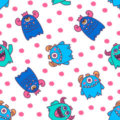 Cute kawaii monster. Seamless pattern. Cartoon scary funny Halloween character. Hand drawn style. Vector drawing. Design ornaments.